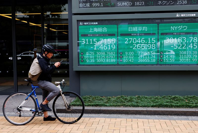 FOTO DE ARCHIVO: Un hombre en bicicleta pasa frente a un tablero electrónico que muestra el índice bursátil de Shanghái, el índice de acciones Nikkei y el Promedio Industrial Dow Jones fuera de una agencia de valores en Tokio (Reuters)