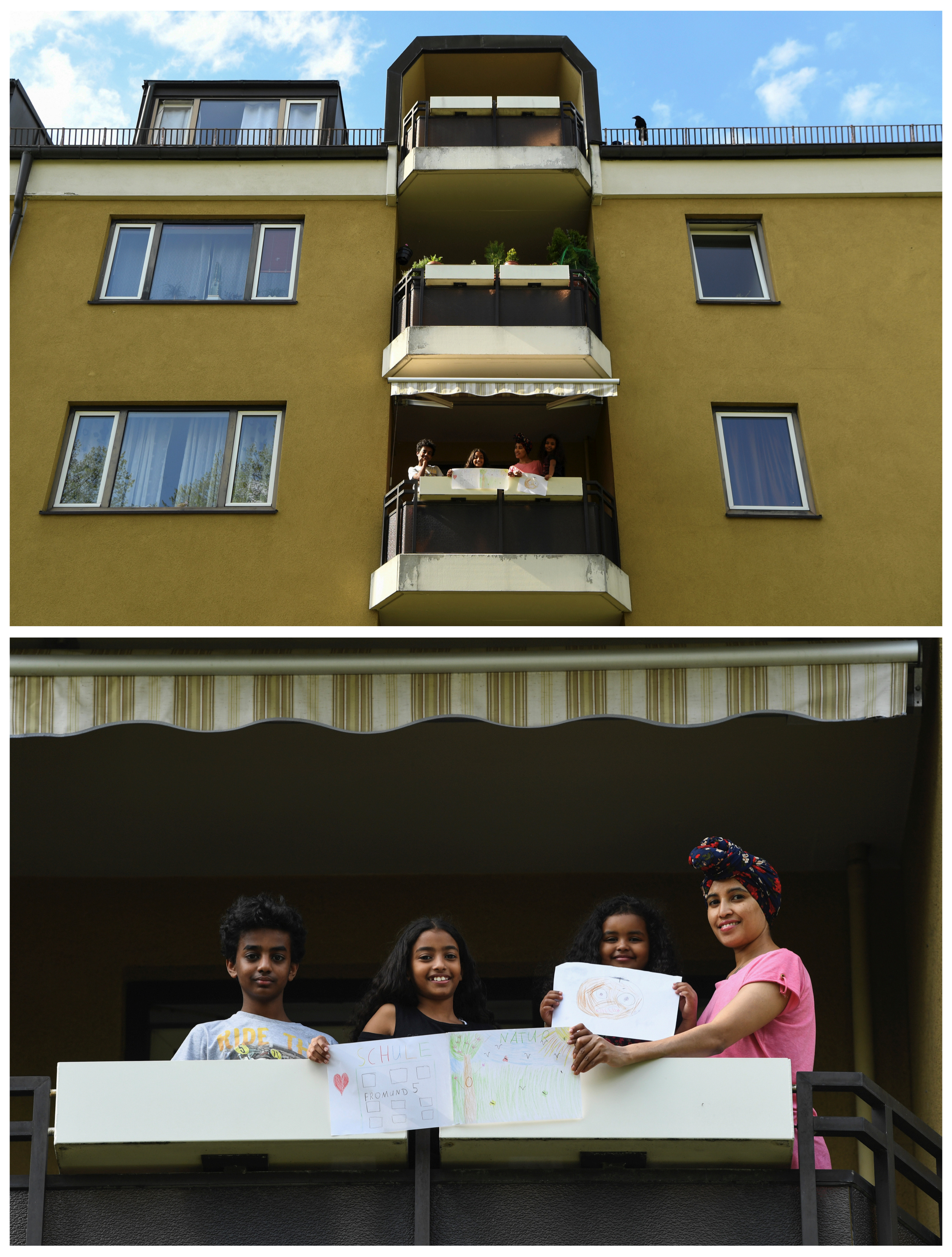 Matthew Bekele, 13, Lidya Bekele, 10, y Eviana Bekele, 4, posan para una foto mientras sostienen dibujos que hicieron durante el brote de coronavirus, con su madre Betty, parados en el balcón de su departamento en Munich, Alemania, el 18 de marzo de 2020. Lidya pintó a la naturaleza. Dice que extraña las aventuras con sus amigas e ir de excursiones a la naturaleza con su familia. También pintó su escuela.