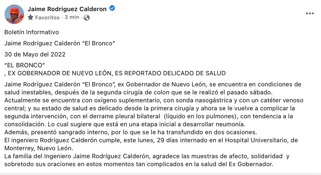 Jaime Rodríguez Calderón "El Bronco" ha presentado complicaciones en su estado de salud (Foto: Facebook/Jaime Rodriguez Calderon)