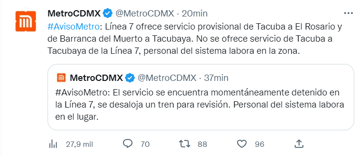 El Metro tendrá un servicio de provisional de Tacuba a El Rosario y de Barranca del Muerto a Tacubaya (Twitter/@MetroCDMX)