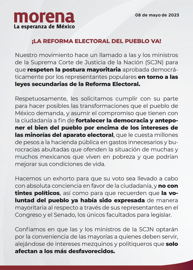 Before the discussion in the SCJN for Plan B concluded, Morena issued a statement requesting respect for parliamentary majorities (Twitter/@PartidoMorenaMx)