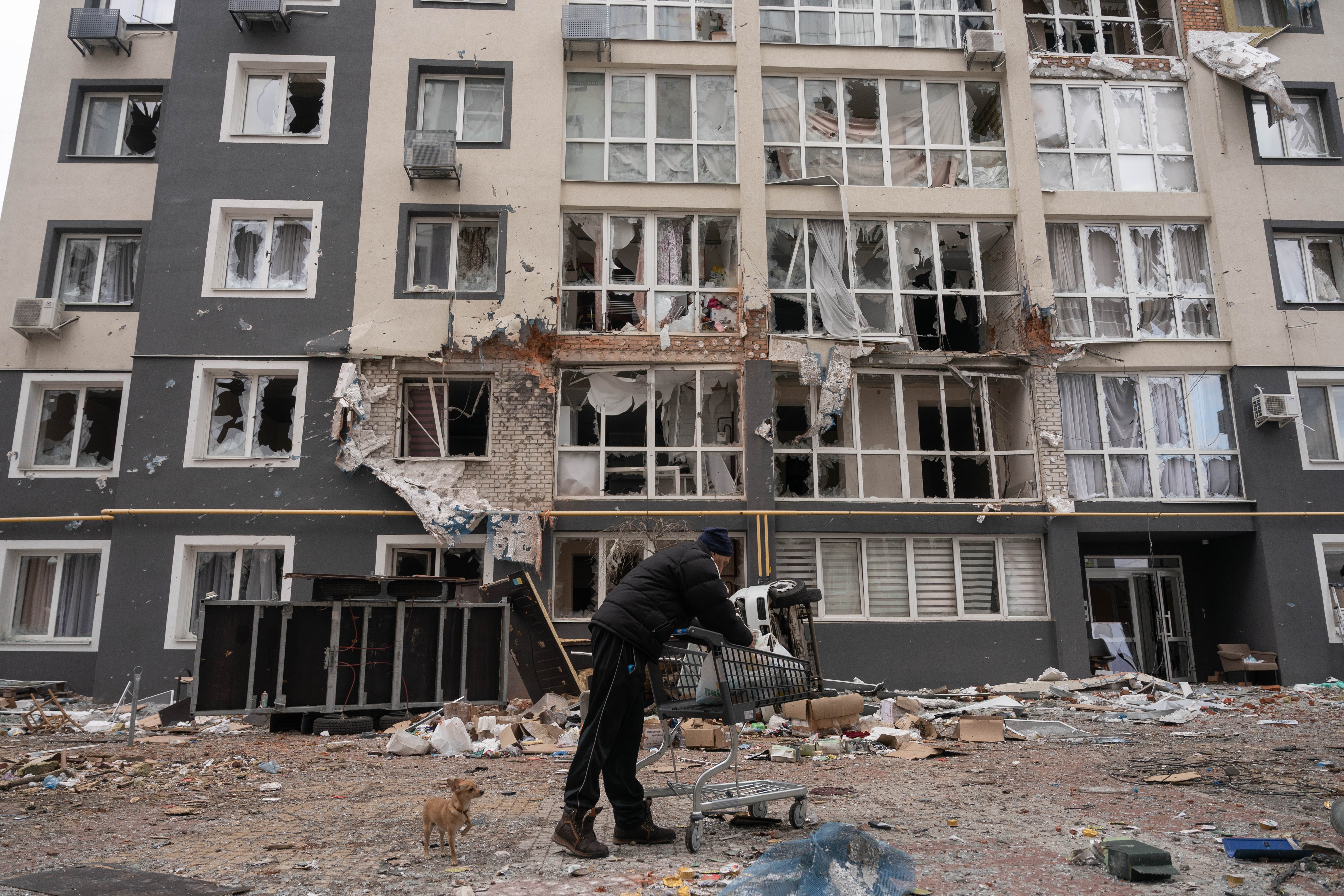 Un hombre junto a su perro, recogen sus pertenencias entre destrozos en un complejo habitacional en Bucha.