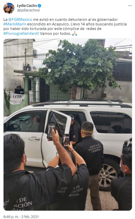 Lydia Cacho tras la detención de Mario Marín en 2021. Foto: @lydiacachosi