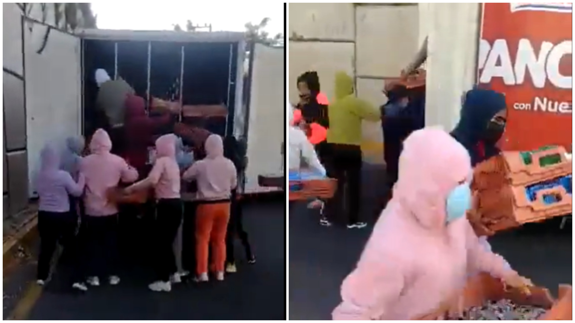 El momento en que presuntas normalistas saquearon un camión repartidor de pan en Morelos
