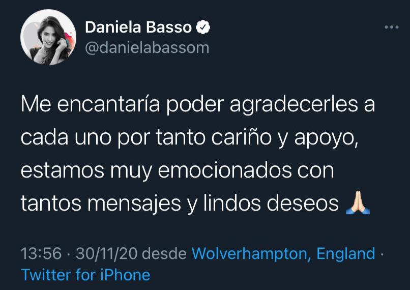 Daniela Basso, pareja del jugador, se mostró emocionado con todos los mensajes recibido (Foto: Twitter@danielabassom)