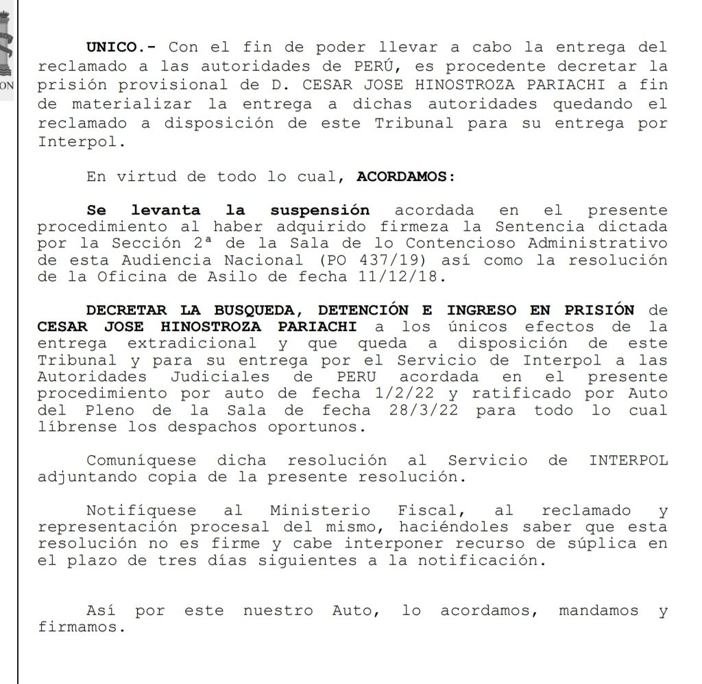 Resolución de la justicia española que ordena la detención del exjuez César Hinostroza para que sea extraditado al Perú.