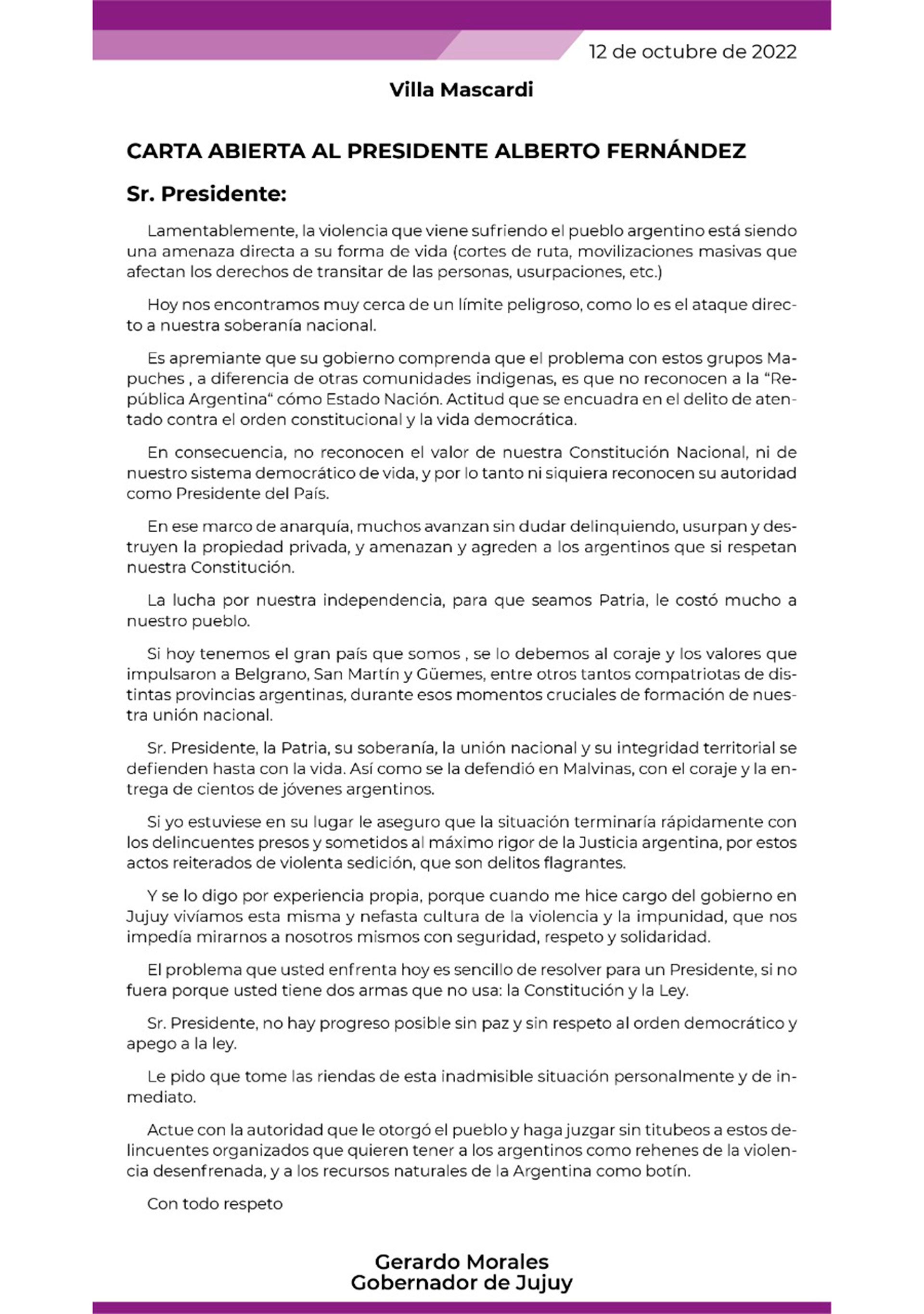 Carta abierta de Gerardo Morales, gobernador de la provincia de Jujuy, al presidente Alberto Fernández por el conflicto con las comunidades mapuches en Villa Mascardi.