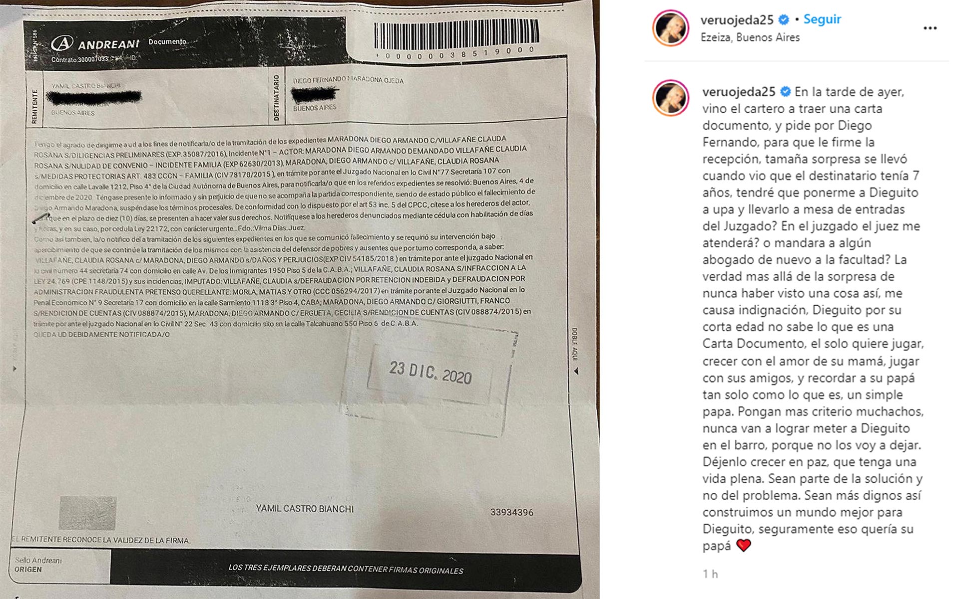 La carta documento que recibió Dieguito Fernando y el texto que compartió Verónica Ojeda en su cuenta de Instagram