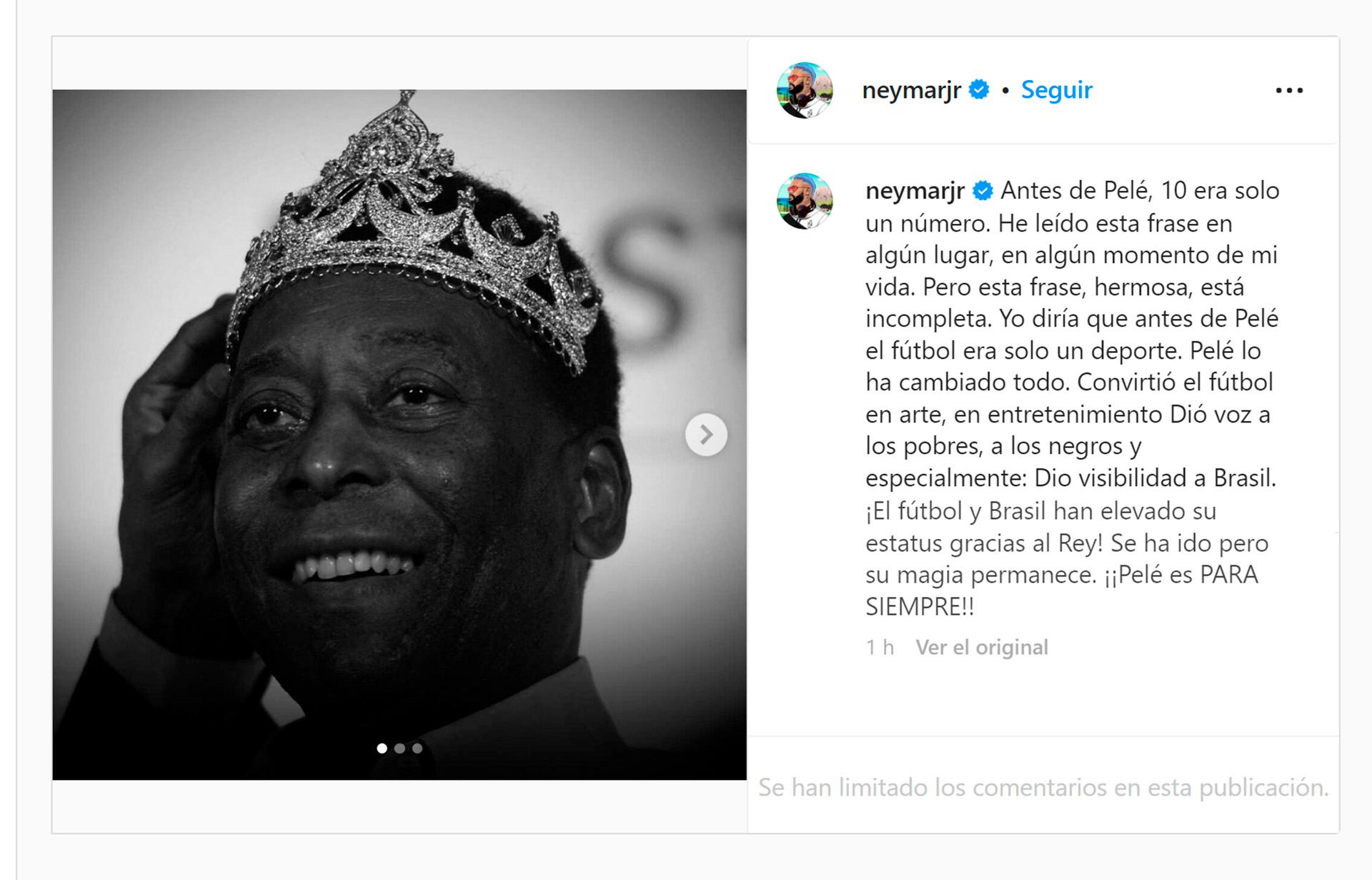 El emotivo posteo de Neymar tras la muerte de Pelé (Instagram)
