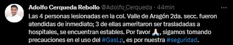 El presidente municipal de Neza reportó el estado de salud estable de las cuatro víctimas de la explosión (Twitter/@Adolfo_Cerqueda)