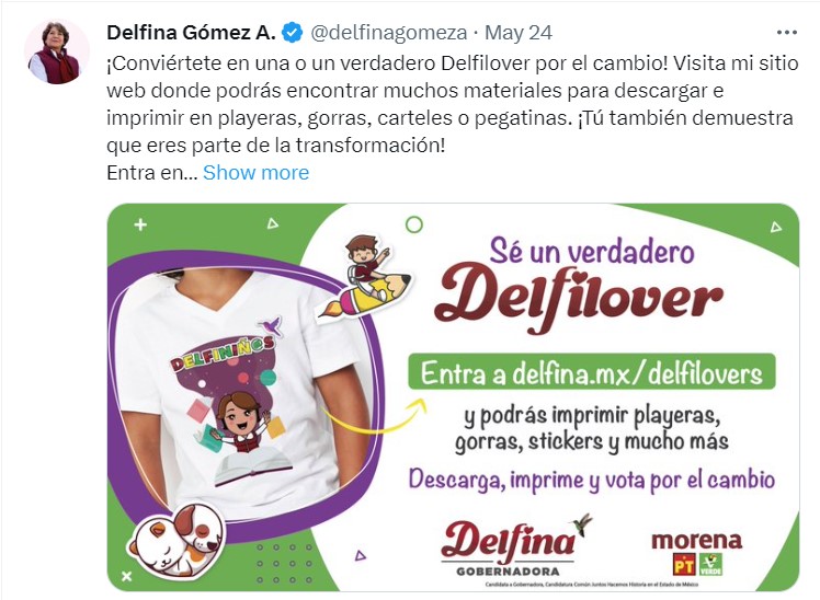 Delfina Gómez a través de sus redes sociales hizo un llamado a sus simpatizantes para que se conviertan en Delfilover con pegotes, stickers y playeras  (Twitter@delfinagomeza)
·