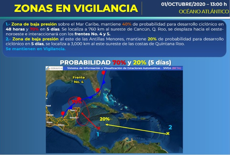 La zona en color rojo se acercará peligrosamente a las costas de Quintana Roo, y su amplia circulación interactuará durante el viernes y el sábado con los Frentes Fríos Cuatro y Cinco (Foto: SMN/Conagua Clima)