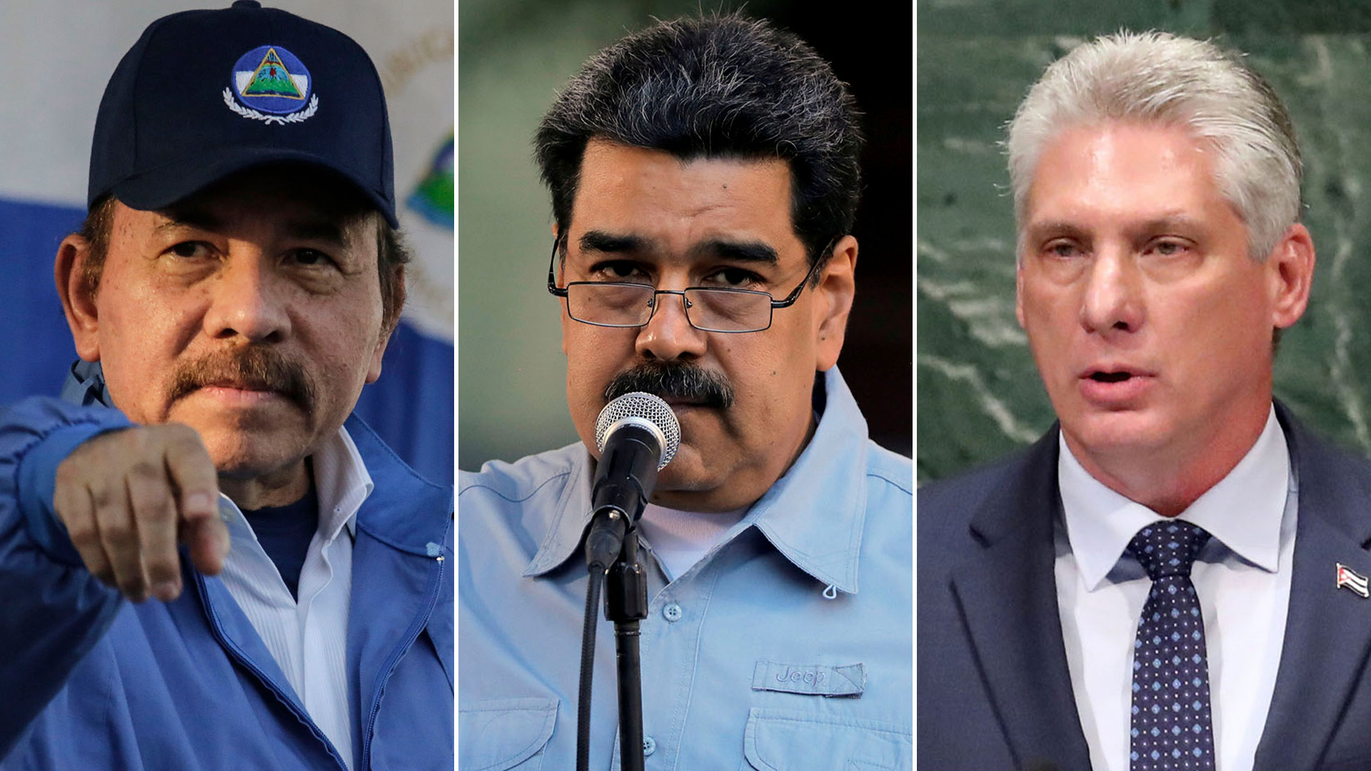 El dictador de Nicaragua, Daniel Ortega; el de Venezuela, Nicolás Maduro; y el de Cuba, Miguel Díaz Canel (Archivo)