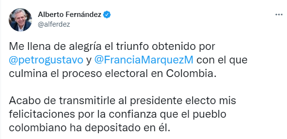 El posteo de Alberto Fernández tras el triunfo de Petro en Colombia