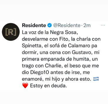 Residente dejó en sus historias destacadas un emotivo mensaje describiendo todo lo que le regaló la Argentina (Instagram)