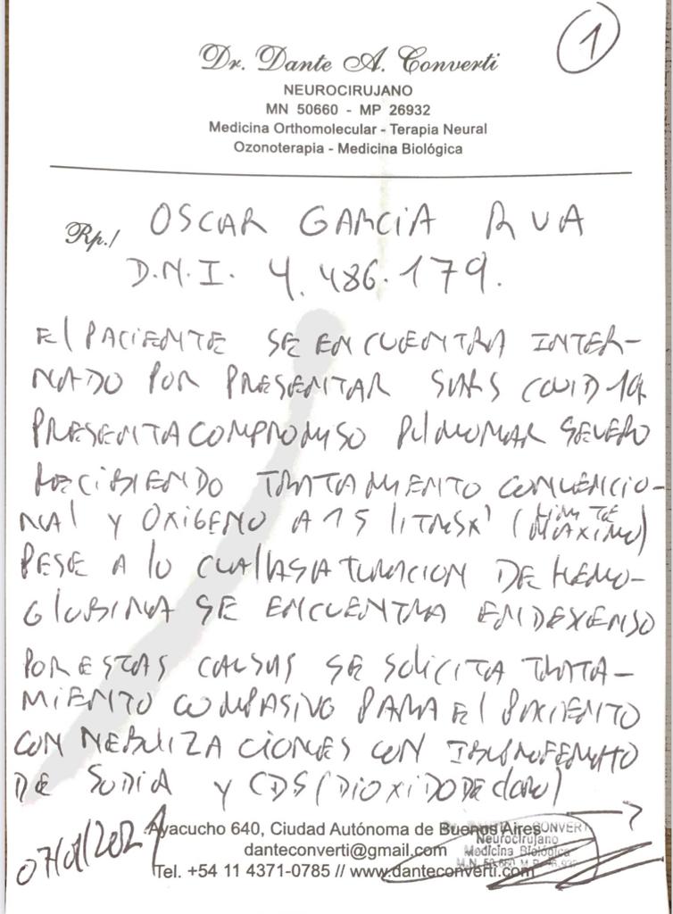 Esta es la receta del médico particular de Oscar, donde solicita que el paciente sea sometido a un tratamiento con dióxido de cloro 