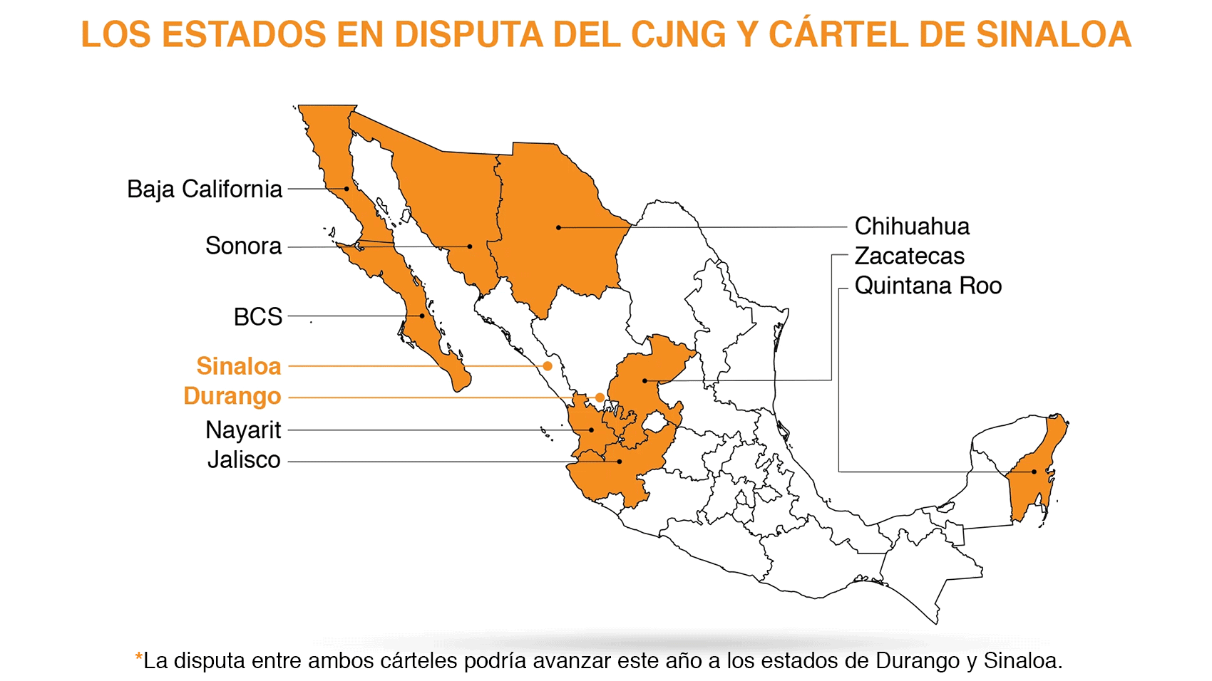 La lucha entre los cárteles Jalisco Nueva Generación y Sinaloa se ensancha en todo el país (Mapa: Jovani Pérez Silva/Infobae México)
