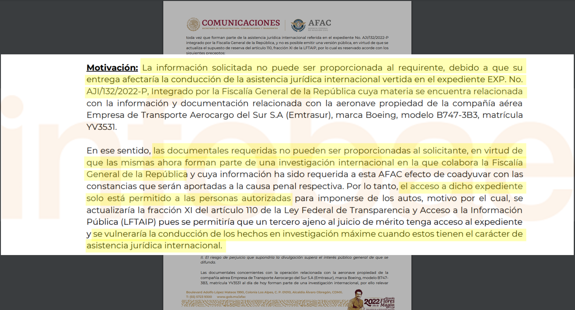 La FGR ya tiene la información del caso (Captura del documento de la AFAC)