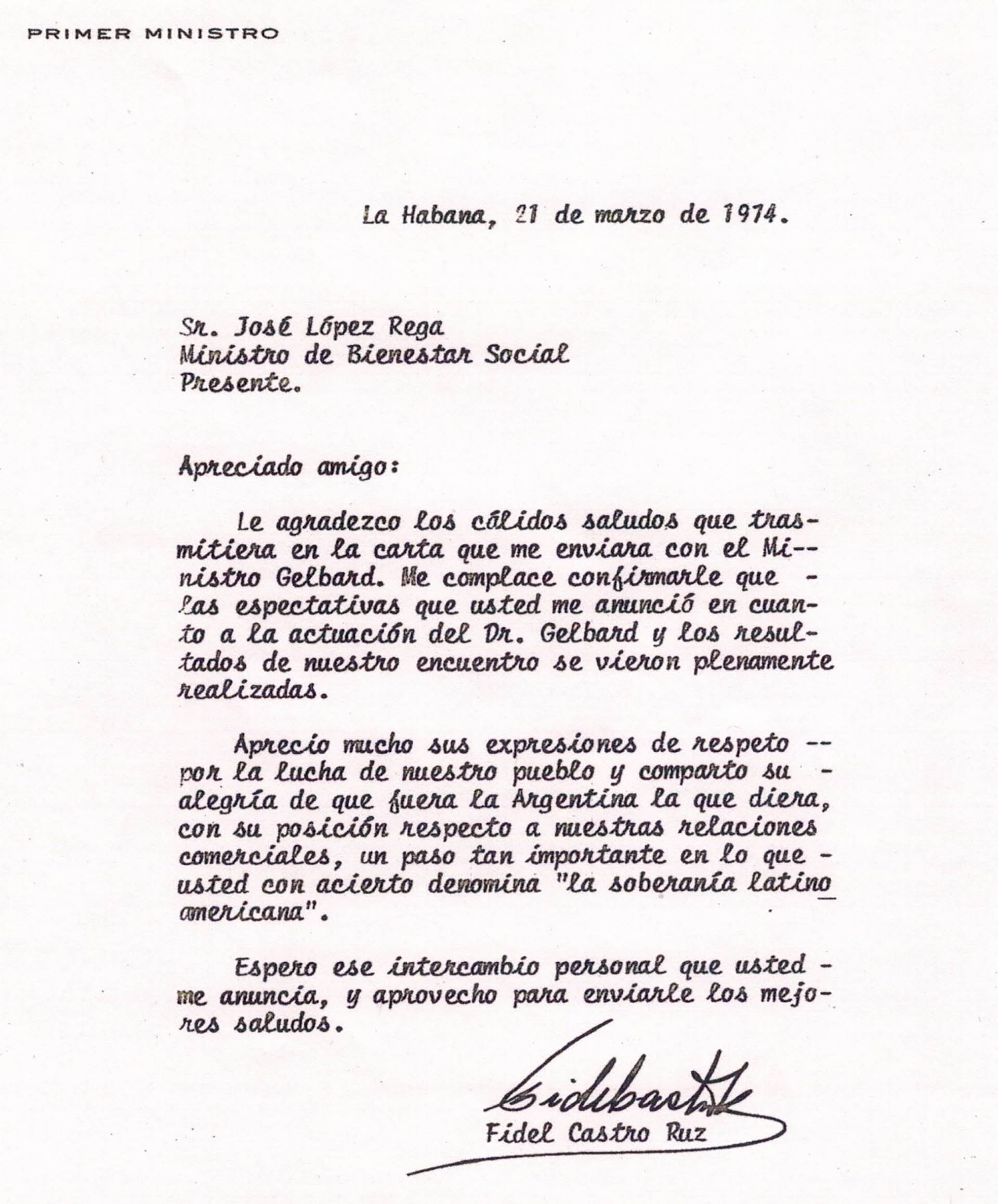 Carta del comandante Fidel Castro al Ministro LÃ³pez Rega (Archivo del autor)