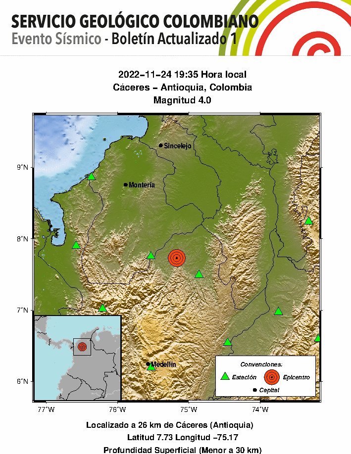El Servicio Geológico Colombiano reportó el sismo con una profundidad menor a 30 kilómetros. (@sgcol)