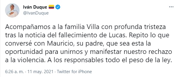 El presidente de Colombia, Iván Duque, se pronunció tras la muerte de Lucas Villa. Foto: Twitter Iván Duque.