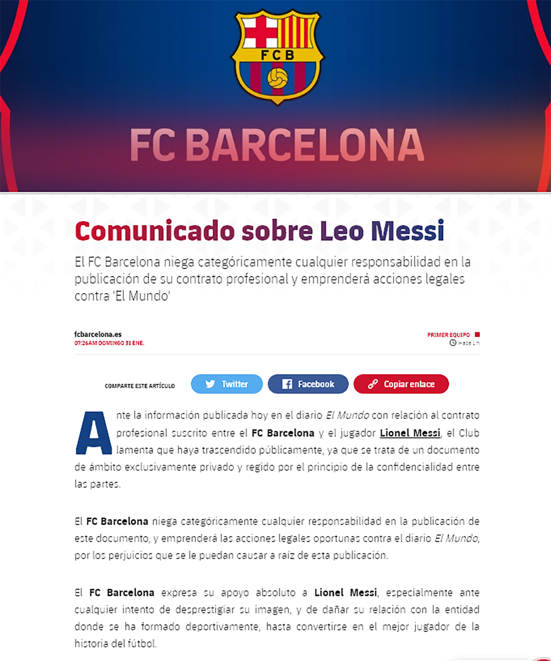 El Barcelona Emitió Un Comunicado Oficial Tras La Filtración Del Contrato De Lionel Messi Infobae