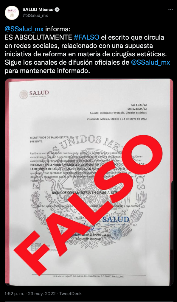 La Secretaría de Salud desmintió la información a través de un comunicado (Foto: Tw/@SSalud_mx)