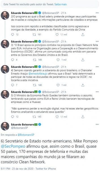 Eduardo Bolsonaro escribió el lunes una serie de tuits sobre 5G en Brasil y los peligros de adoptar la tecnología que proponen, entre otros actores del régimen, la empresa Huawei (Twitter)