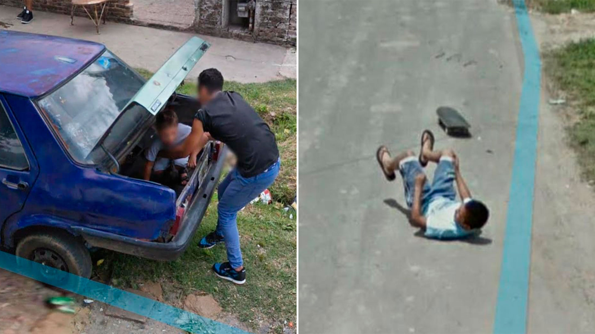Situaciones insólitas: Google Street View registró el momento exacto en que un hombre baja a un nene del baúl de un auto y a un joven que cae de su skate
