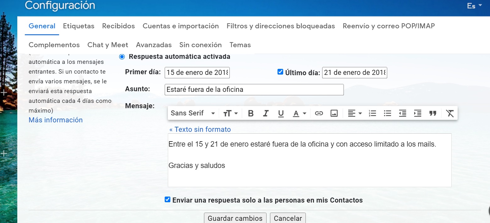 La configuración de la respuesta automática de Gmail. (foto: Hipertextual)