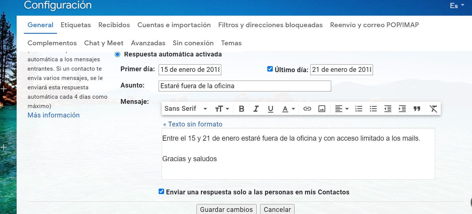 La configuración de la respuesta automática de Gmail