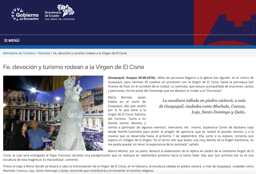 Noticia sobre los recorridos de la escultura tallada en piedra colgado en la web del Ministerio de Turismo. En esa comunicación se informa sobre el viaje al Vaticano.