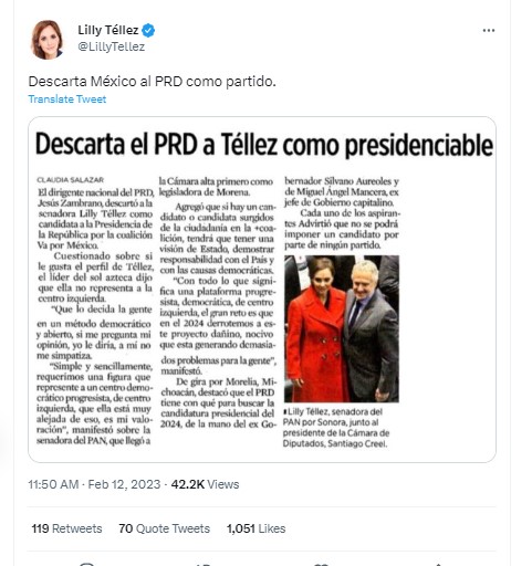 Lilly Téllez respondió a Jesús Zambrano. (Twitter)