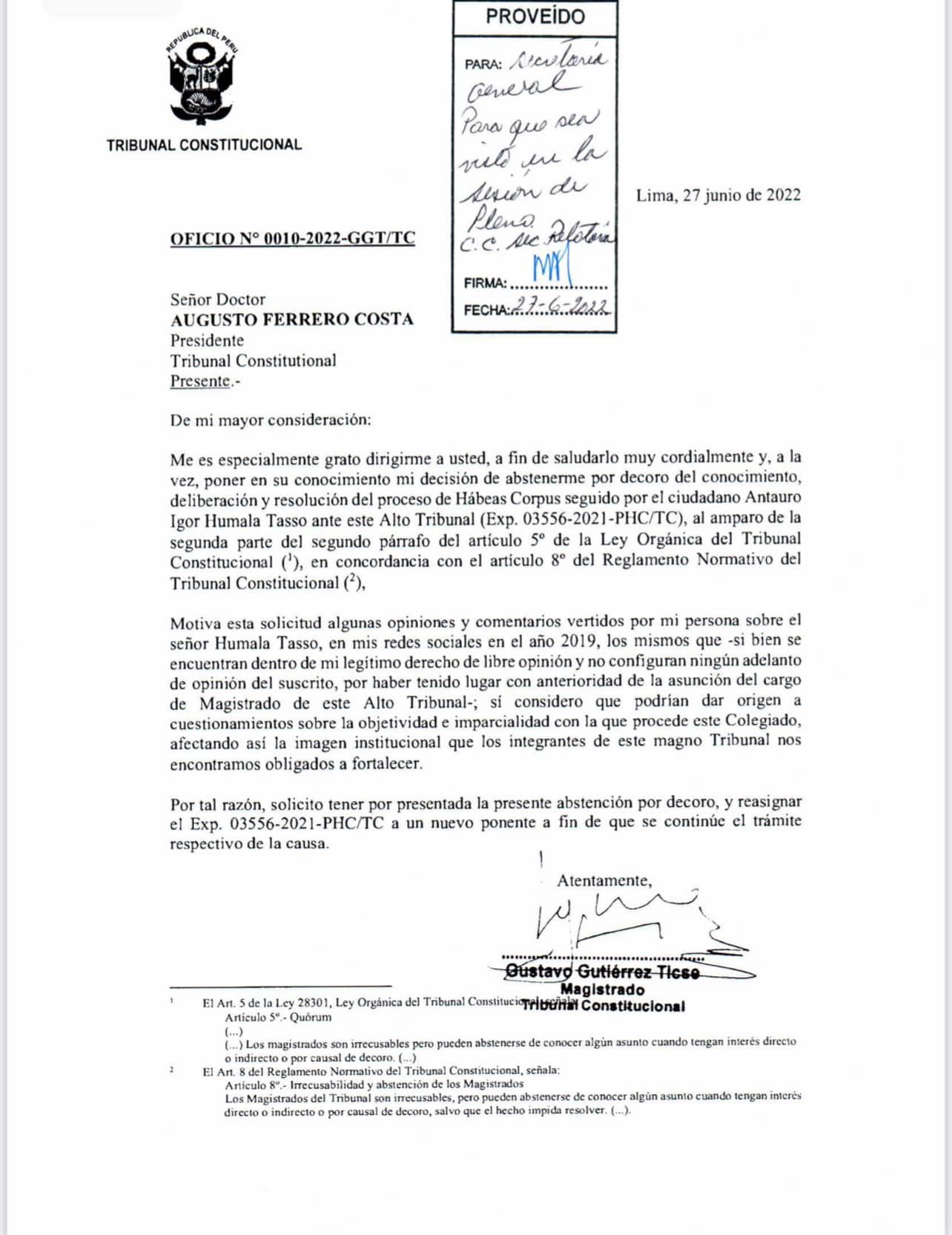 Documento del pedido del magistrado Luis Gutiérrez Ticse para apartarse el caso Antauro Humala.