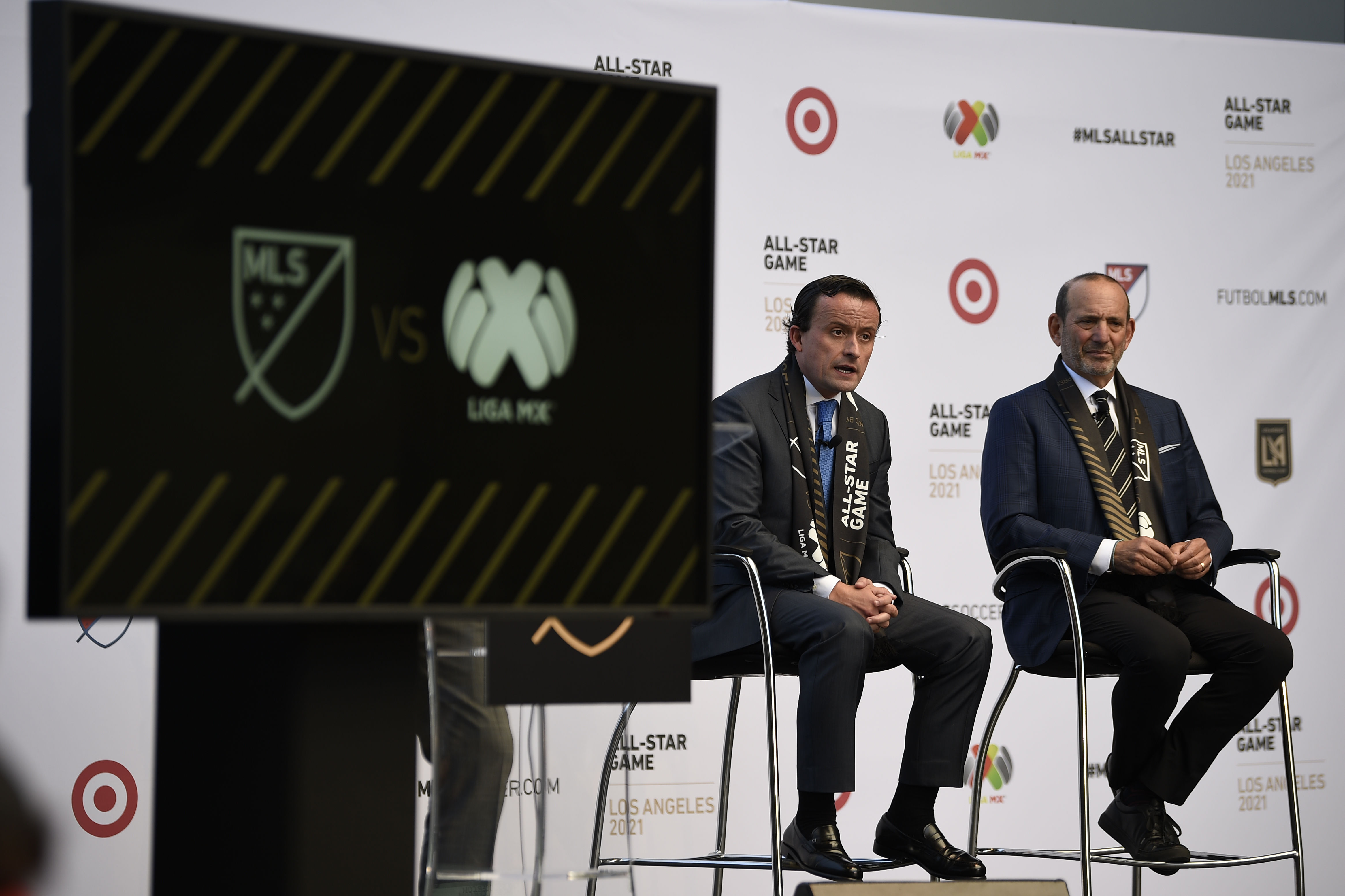 Jun 9, 2021; Los Angeles, CA, USA; MLS Commissioner Don Garber (right) and LIGA MX Executive President Mikel Arriola answer questions from the press after announcing the location of the 2021 MLS All-Star Game to be held at Banc of California Stadium. Mandatory Credit: Kelvin Kuo-USA TODAY Sports