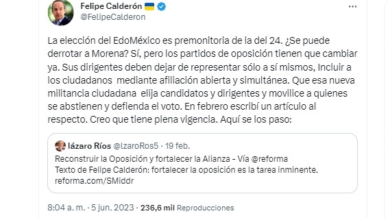 Felipe Calderón confía en que oposición puede derrotar a Morena en las elecciones presidenciales de 2024. Foto: Twitter, @FelipeCalderon