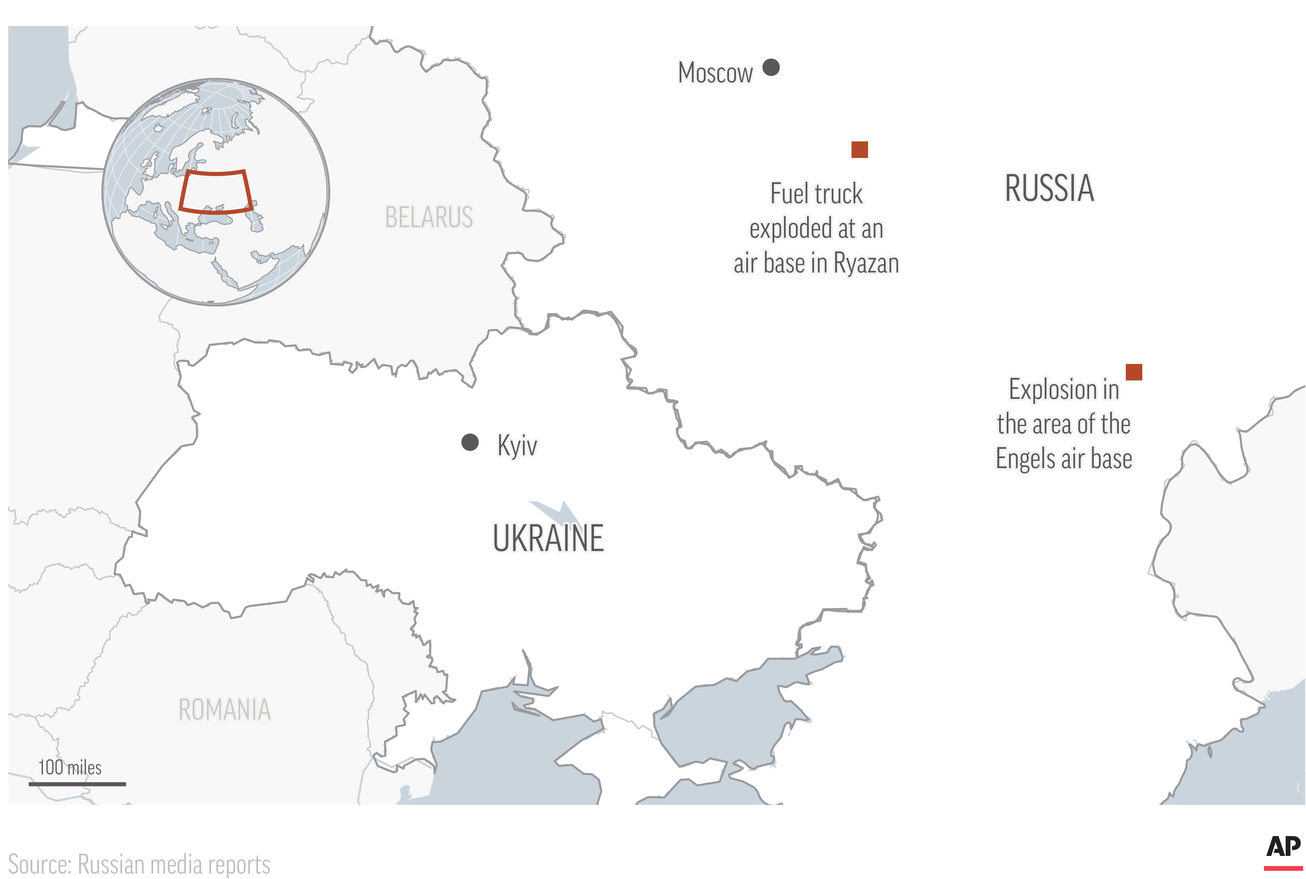 Explosions rocked two air bases in Russia on Monday