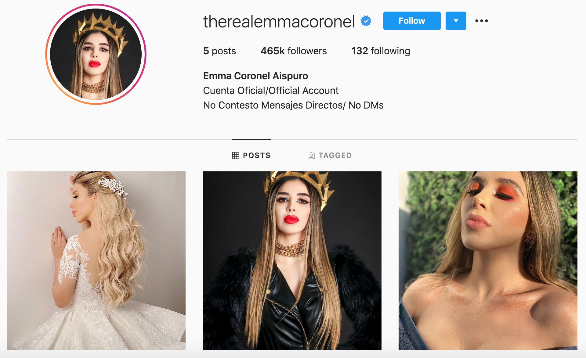 Su usuario, @therealemmacoronel, acumula casi medio millón de seguidores y sigue a 132 y tiene cinco publicaciones (Foto: Instagram/@therealemmacoronel)