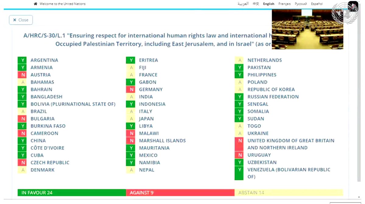 En verde, los votos a favor de la creación de una comisión investigadora sobre el conflicto entre palestinos e israelíes.