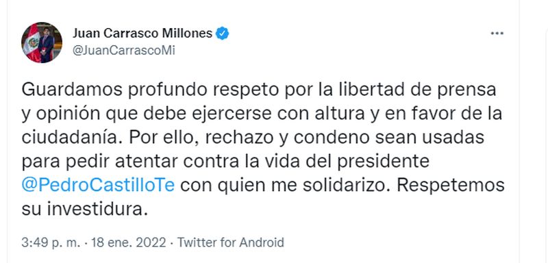 Pedro Castillo: Twitter incita a asesinar al presidente.