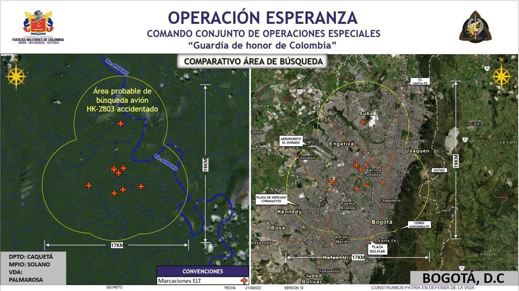 De acuerdo con el Comando Conjunto de las Fuerzas Especiales, el área de búsqueda equivale al 80% de la zona urbana de Bogotá.
Fuerzas Militares (vía Twitter)