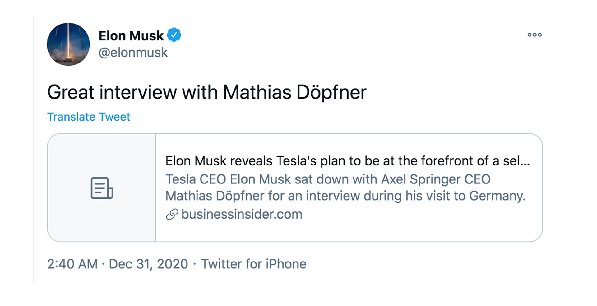 Elon Musk compartió en su cuenta de Twitter la entrevista que brindó al periodista y empresario Mathias Döpfner 