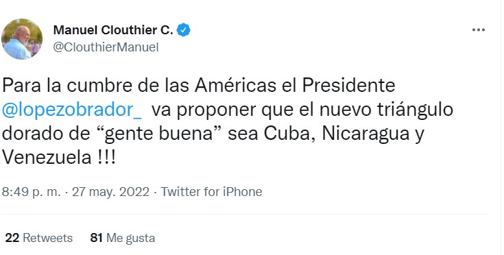 Manuel Clouthier ironizó en que el presidente propondrá que el nuevo “Triángulo Dorado” sea conformado por los regímenes de Cuba, Nicaragua y Venezuela (Foto: Twitter/@ClouthierManuel)