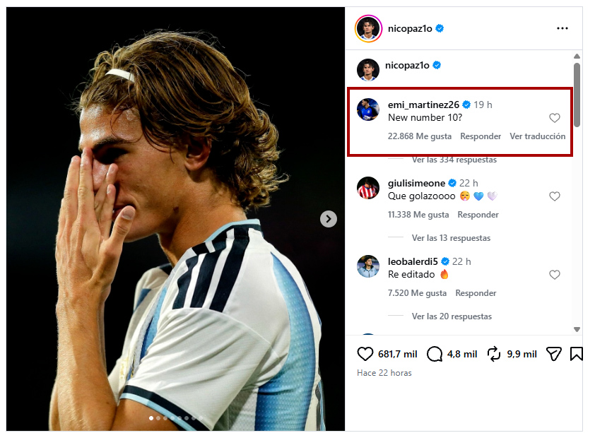 El gui&ntilde;o del Dibu Mart&iacute;nez a Nico Paz en medio del interrogante sobre qui&eacute;n llevar&aacute; la n&uacute;mero 10 de Lionel Messi en la selecci&oacute;n argentina