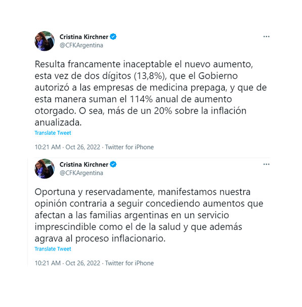Cristina Kirchner había criticado el aumento autorizado para diciembre