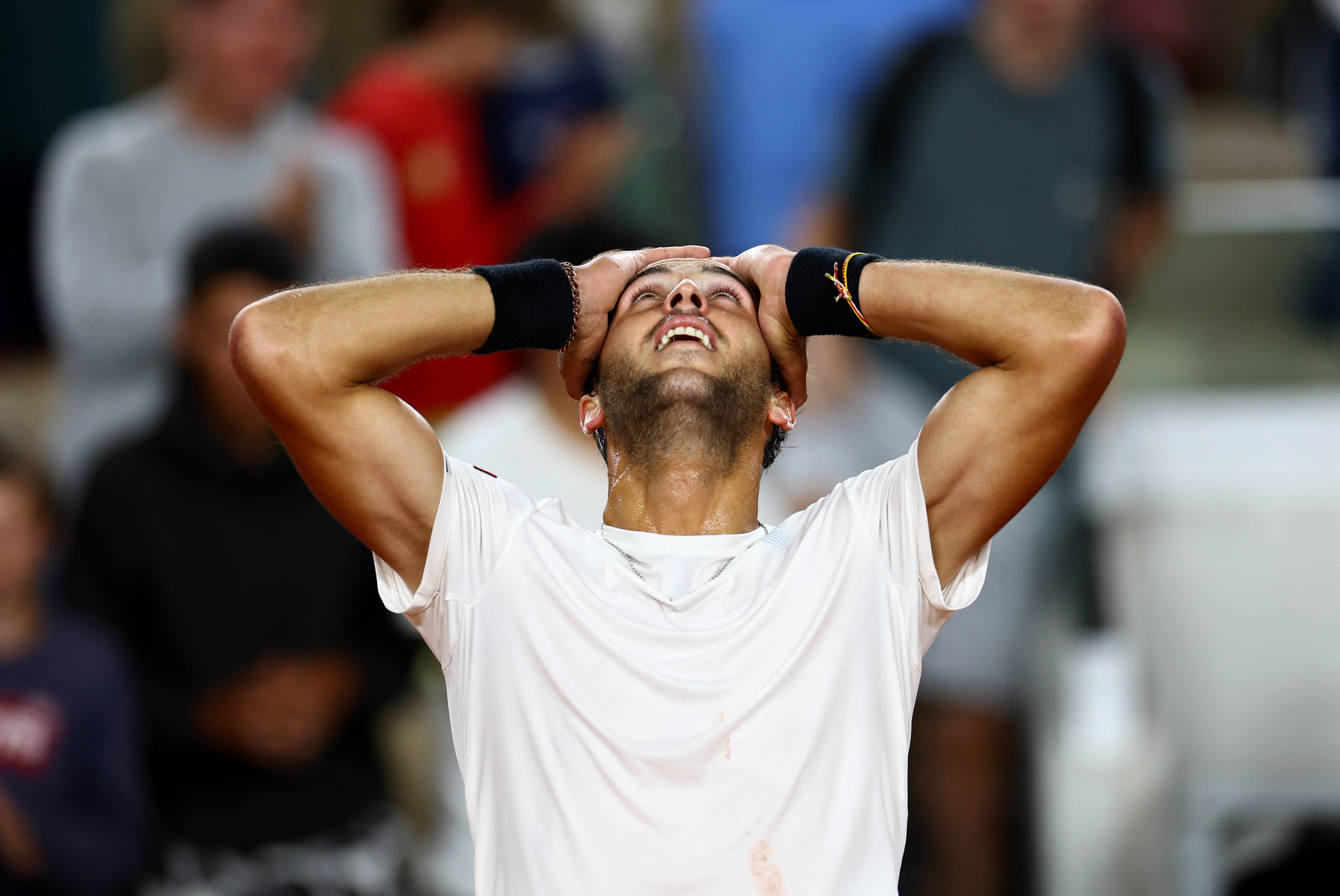 Tennis - French Open - Roland Garros, Paris, France - June 5, 2023 Argentina's Tomas Etcheverry celebrates after winning his fourth round match against Japan's Yoshihito Nishioka REUTERS/Lisi Niesner