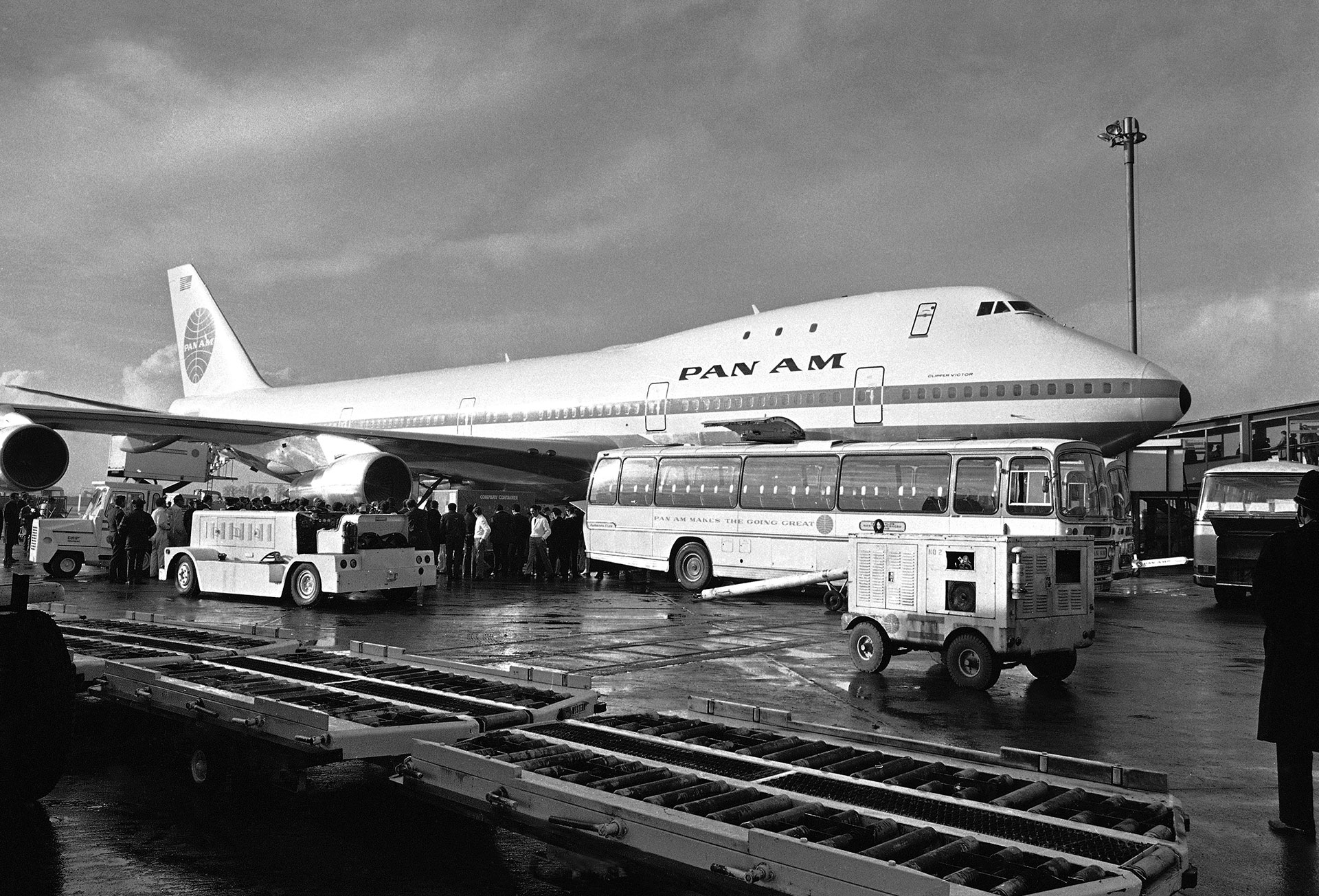 A Pan Am Boeing 747 at London's Heathrow Airport after its first commercial transatlantic flight from New York on January 22, 1970. AP/Lawrence Harris/File