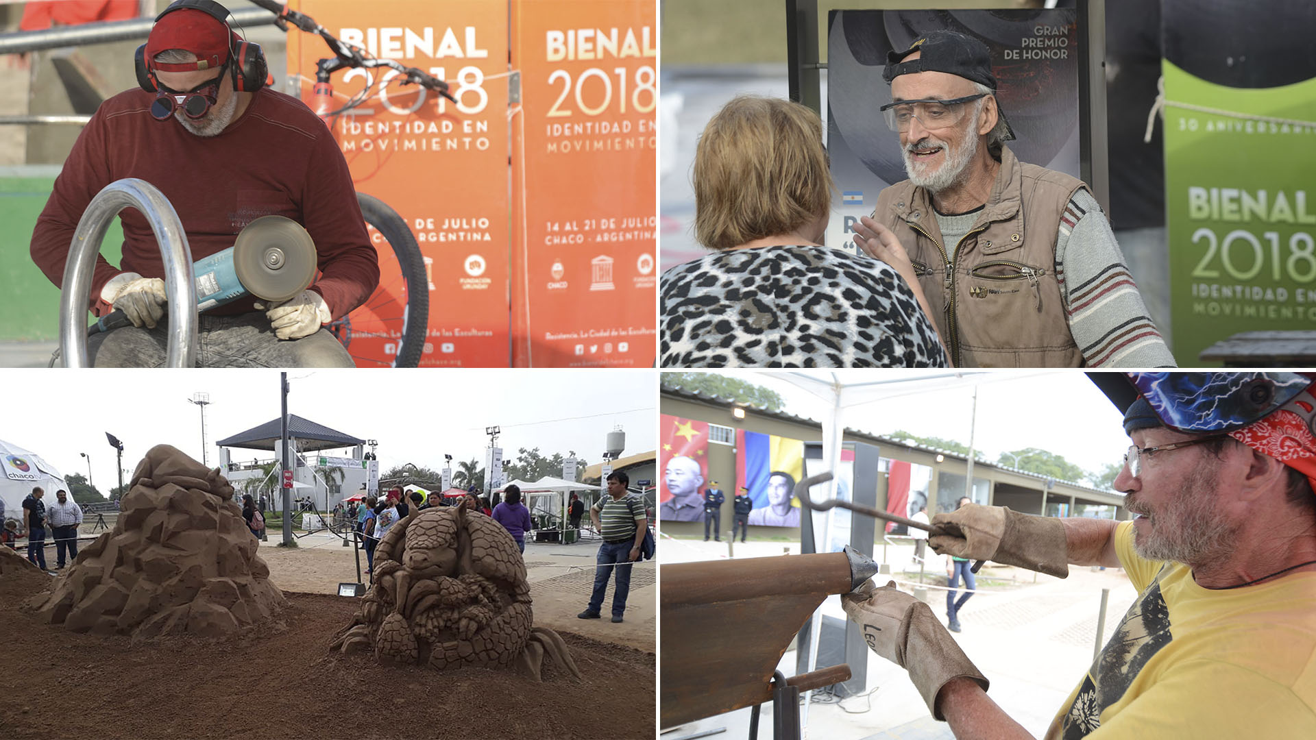 Variedad de actividades en la Bienal: escultores trabajando y dialogando con el público en una pausa. Escultura en arena y competencias paralelas