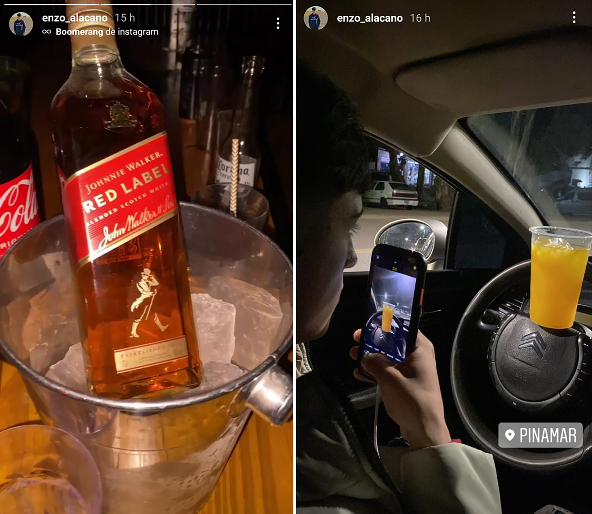 En sus historias de Instagram, Alacano compartió algunas imágenes de bebidas alcohólicas