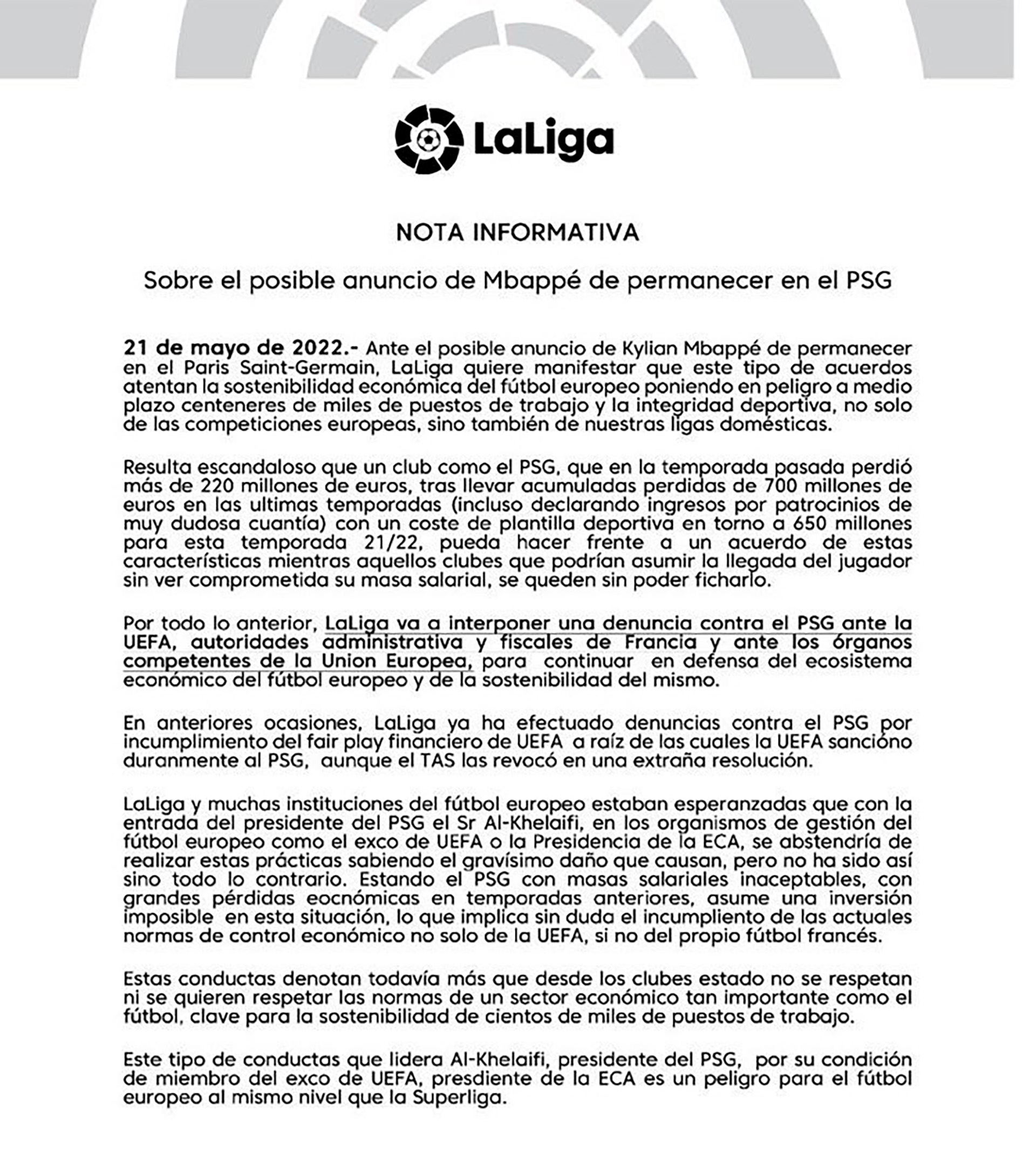 La nota pubblicata da La Liga